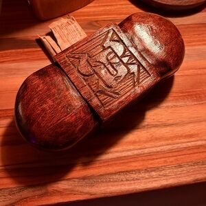 Vintage Hand-Carved Wooden Box – Hinged Split Lid with Geometric & Bull Motif